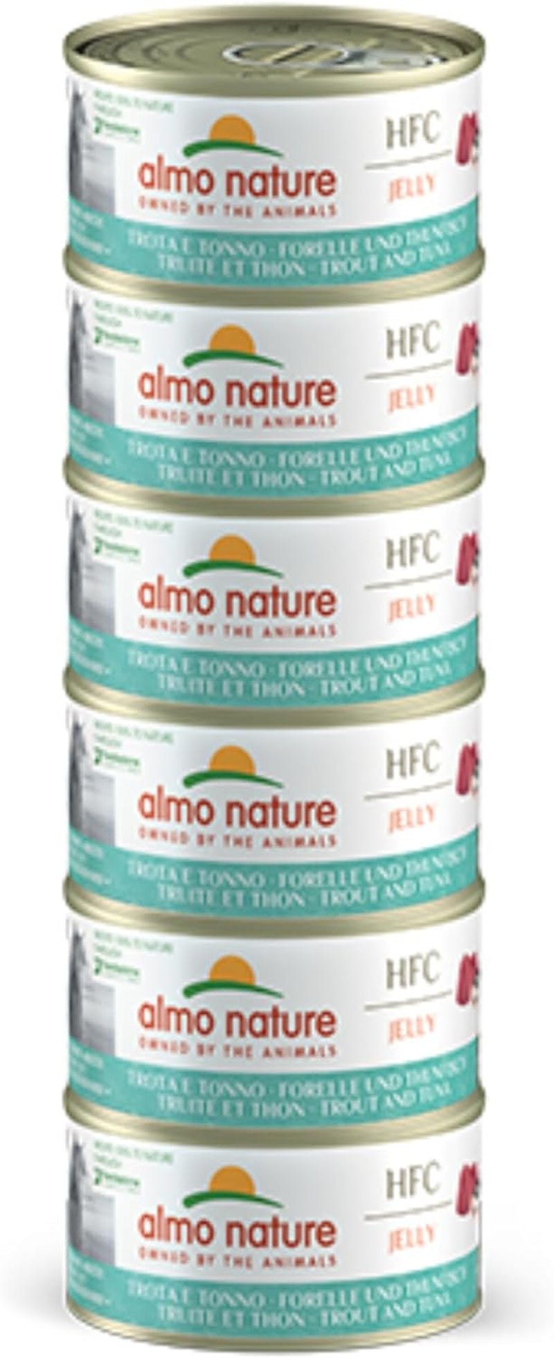 Almo Nature HFC Jelly - Vådfoder til voksne katte - Ørred og tun - Menneskelig kvalitet, glutenfri - 6 x 70g