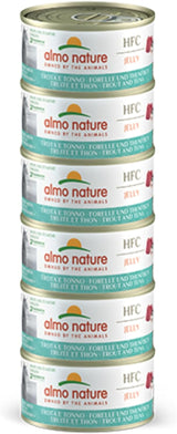 Almo Nature HFC Jelly - Vådfoder til voksne katte - Ørred og tun - Menneskelig kvalitet, glutenfri - 6 x 70g