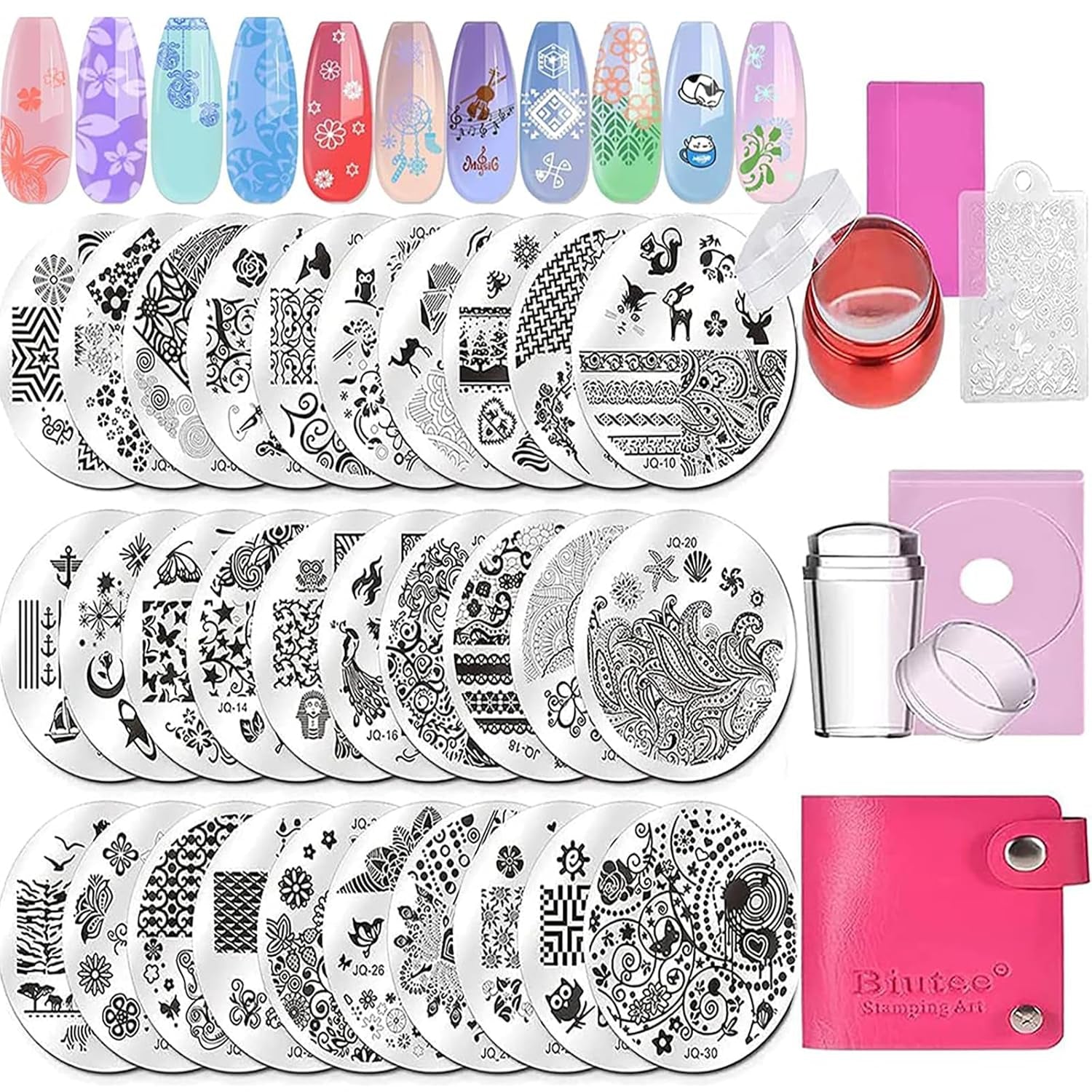 Biutee Nail Stamper 30 stykker Nail Stamp Sæt Negle Template Nail Stamping Dyr Blomster Billeder Nail Stamping Plade med 2 Stempler 2 Skrabere Negle Design Accessories Fransk Nail Stamp