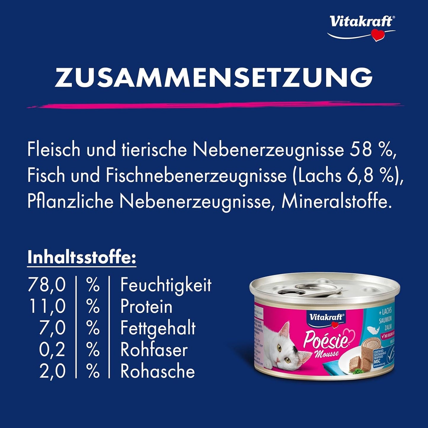 Vitakraft Poésie Mousse, våd kattefoder, luftskum, med laks, uden tilsat sukker eller korn (12 x 85g)