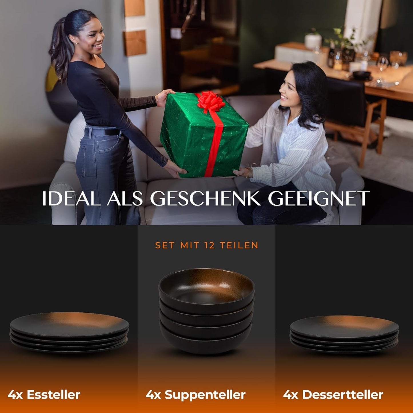 12-delt spisestel i stentøj - Prairie Line - Elegant design i brune/sorte toner, sæt med 4 middagstallerkener, 4 desserttallerkener og 4 middagstallerkener/Premium Collection