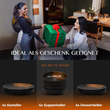 12-delt spisestel i stentøj - Prairie Line - Elegant design i brune/sorte toner, sæt med 4 middagstallerkener, 4 desserttallerkener og 4 middagstallerkener/Premium Collection