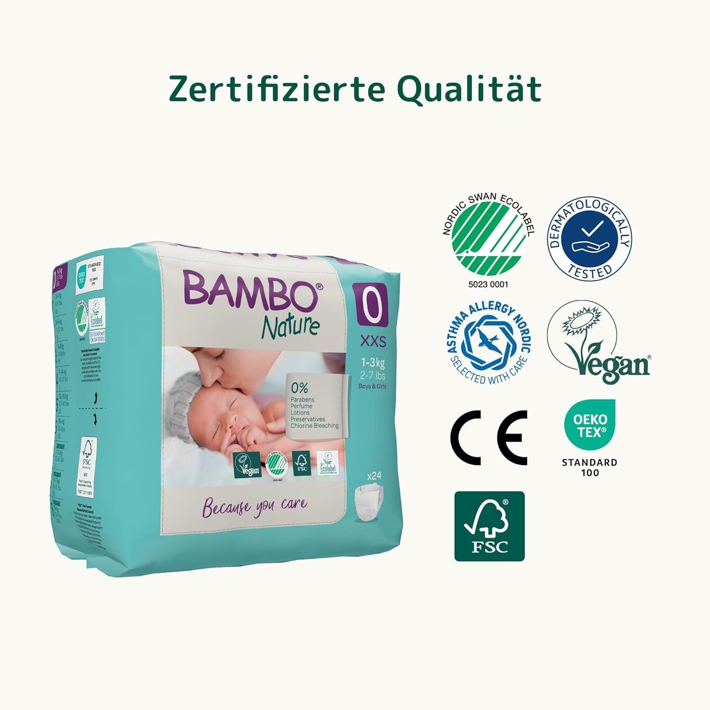 Bambo Naturbleer til babyer, str. 0 (1-3 kg), 144 stk., Månedsæske | Premium bleer med forbedret lækagebeskyttelse | Ultimativ komfort og frihed for nyfødte | Dermatologisk testede bleer