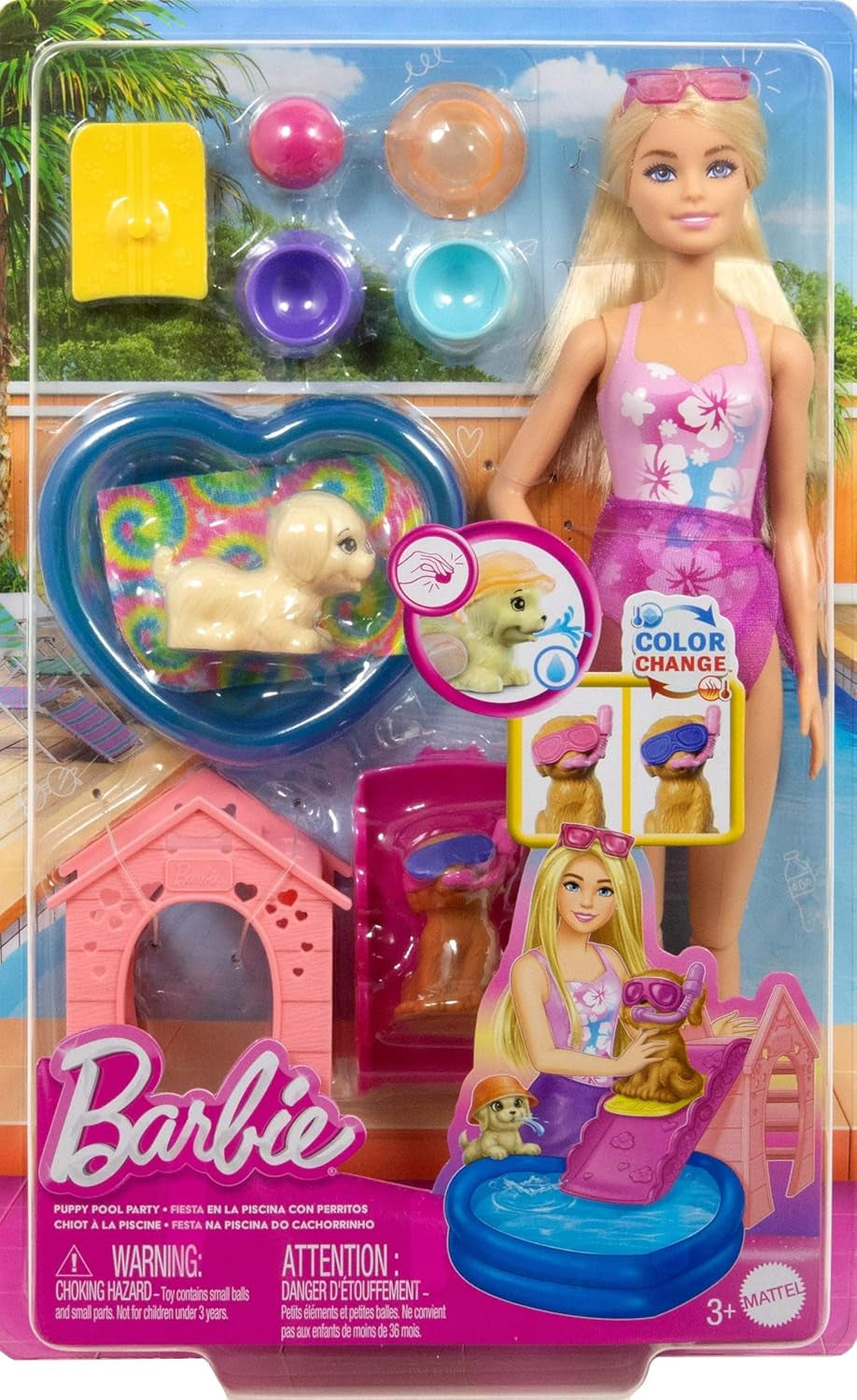 Barbie Puppy Pool Party Legesæt med modedukke, hundehus og rutsjebane, hjertepool, 2 hundefigurer, 6 tilbehør og farveskifter, JBF35
