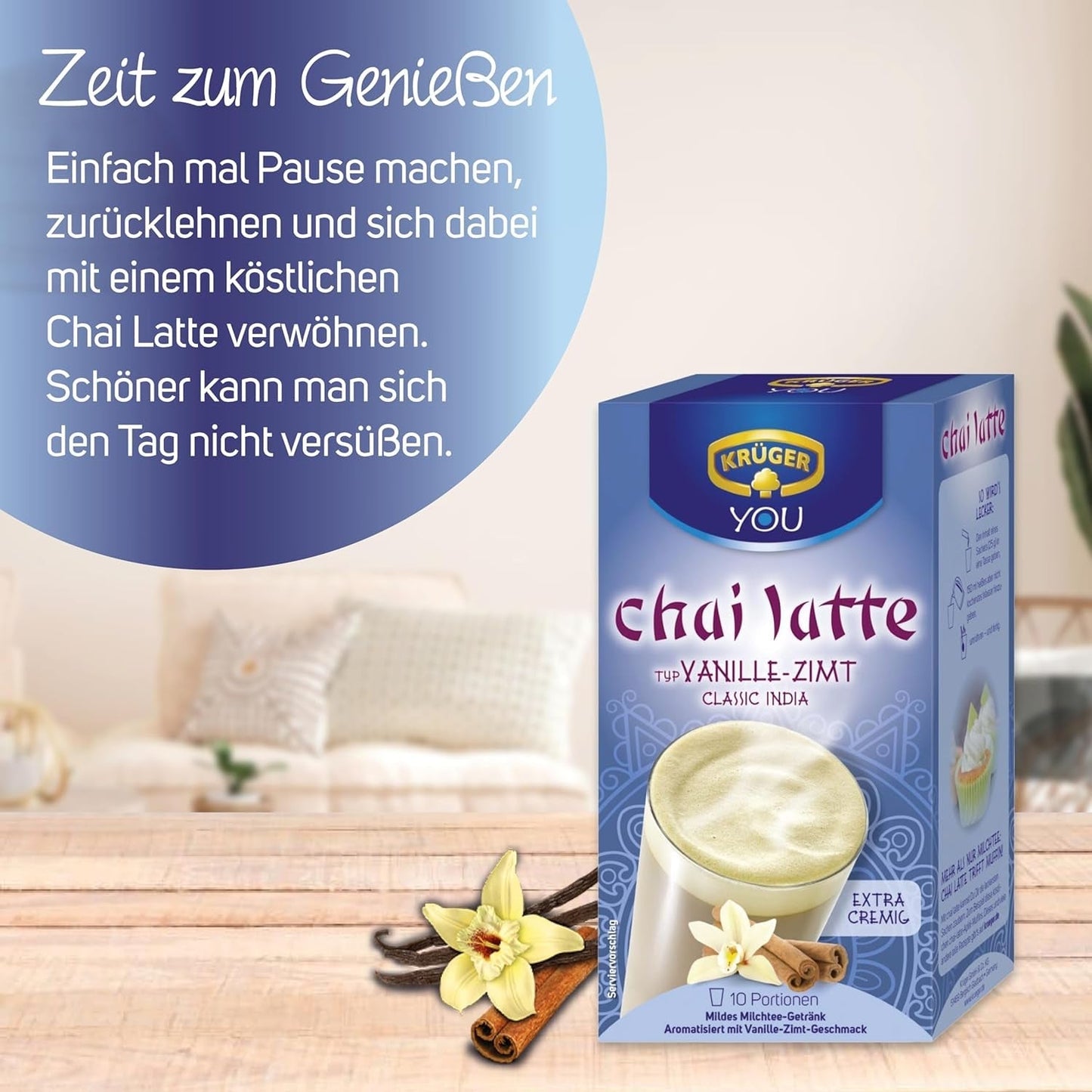 KRÜGER YOU Chai Latte Vaniljekanel, øjeblikkelig tilberedning til mælkedrikke, smagt til med vanilje og kanel, 250 g (10 poser á 25 g)