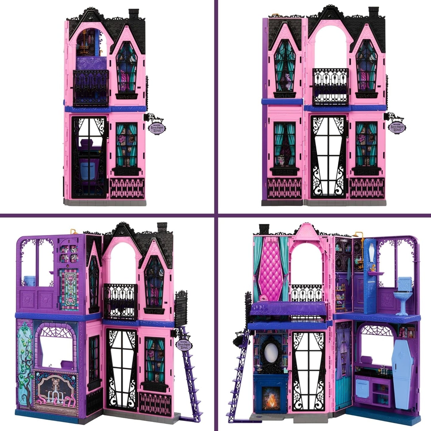 Monster High Buh-tique Hotel Dukkehus, sammenfoldeligt legesæt med skræmmende overraskelser i hvert værelse og 13+ legesæt, inklusive møbler og tilbehør, JBF16