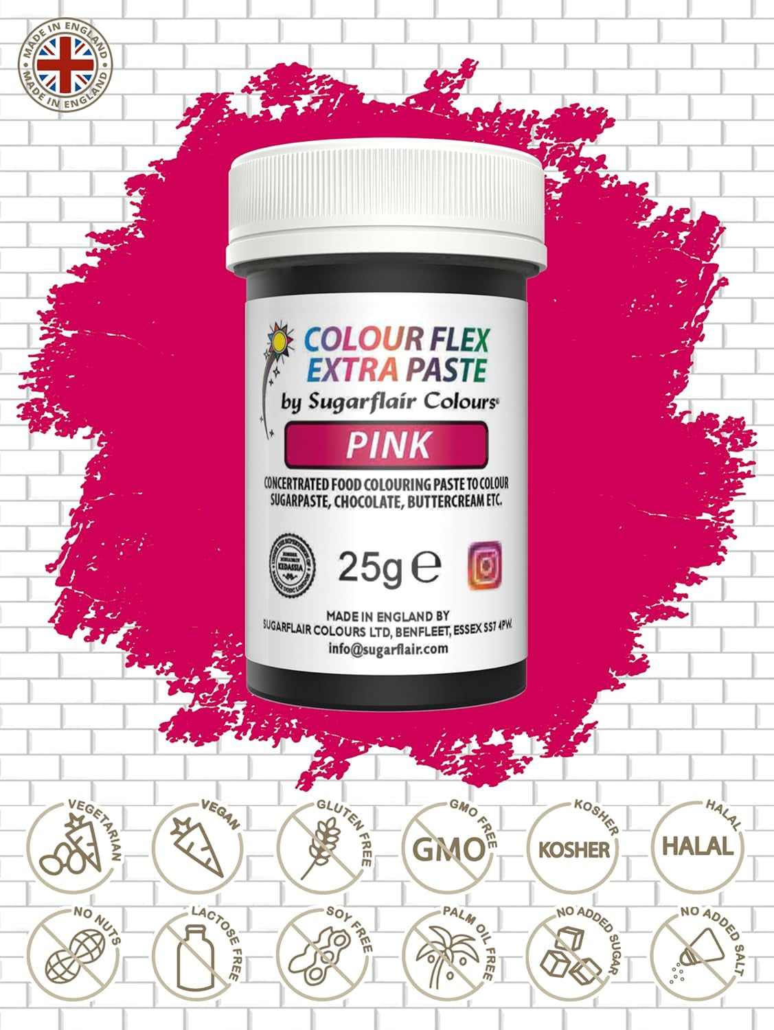 Madfarvepasta Sugarflair Colourflex Extra Pink Paste - Spiselig madfarve til smørcreme, chokolade, sukkerpasta, glasur, fondant, kageblandinger, dej og mere - 25g