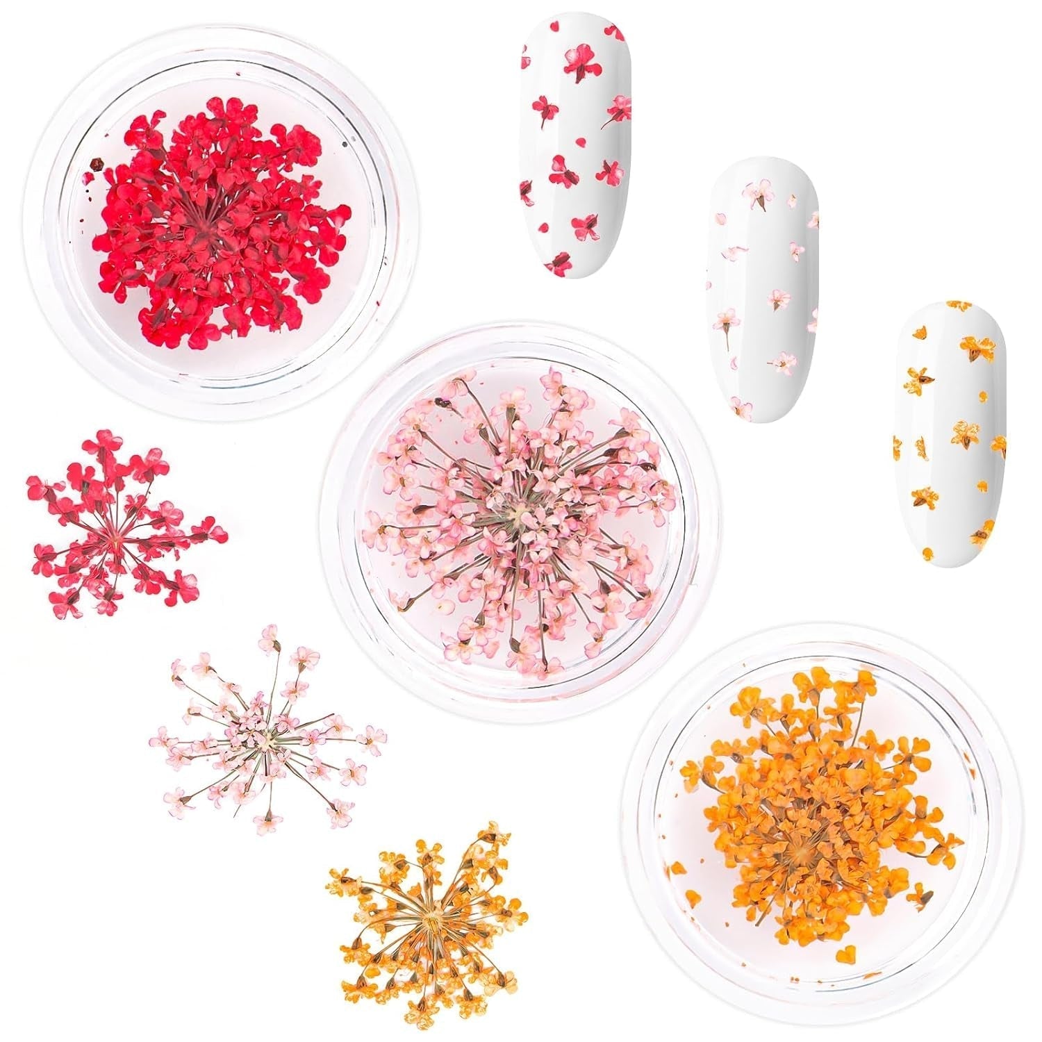 Nail Art Flowers Set Decoration - Gelnägel Zubehör 3 Farben(Orange,Blassrosa,Rose),Nail Art Aufkleber Trockene Blumen Kit Getrocknete Blumen Zubehör Sæt DIY Nageldekoration