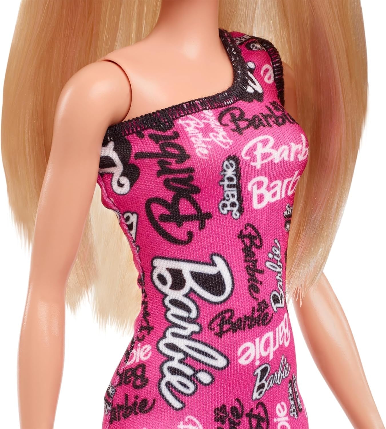 Barbie-modedukke med lige blondt hår i Pink One Shoulder Stretch-kjole og logotrykt sko HRH07 Naty Shop Dolls