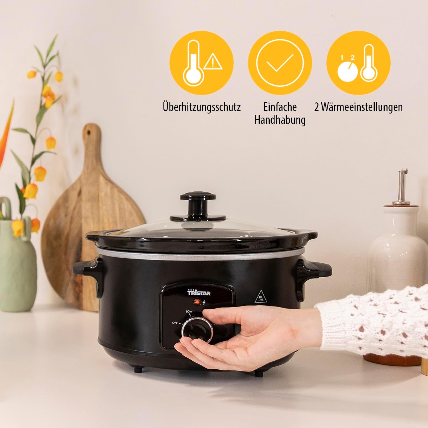 Tristar VS-3915 slowcooker, keramisk gryde i rustfrit stål med 2 varmeindstillinger og holde varm funktion, 3,5 L Slow Cooker Naty Shop