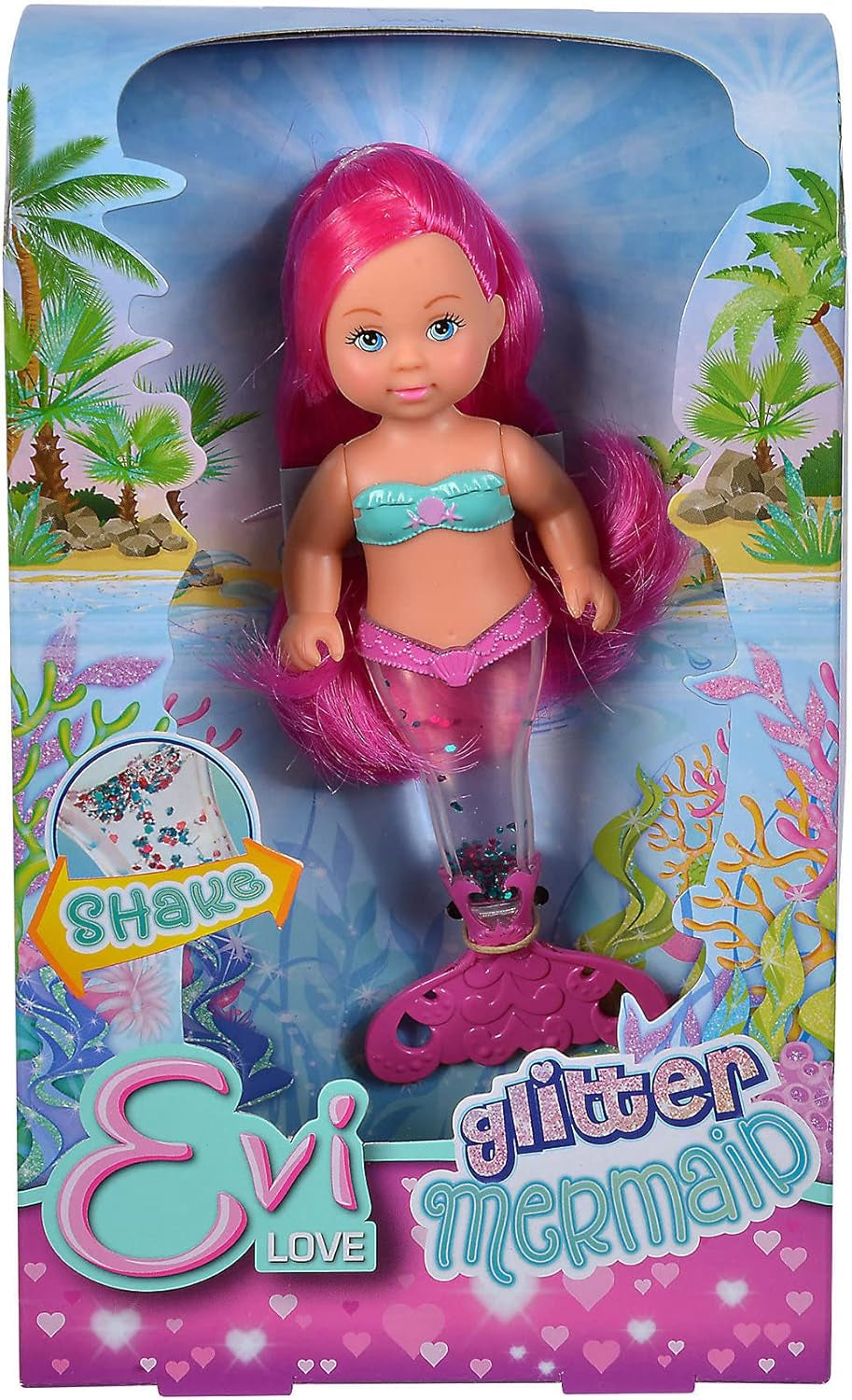 Simba 105733482 - Evi Love Glitter Mermaid, havfruedukke med en halefinne, der lyser, når den rystes. Der leveres kun EN vare.