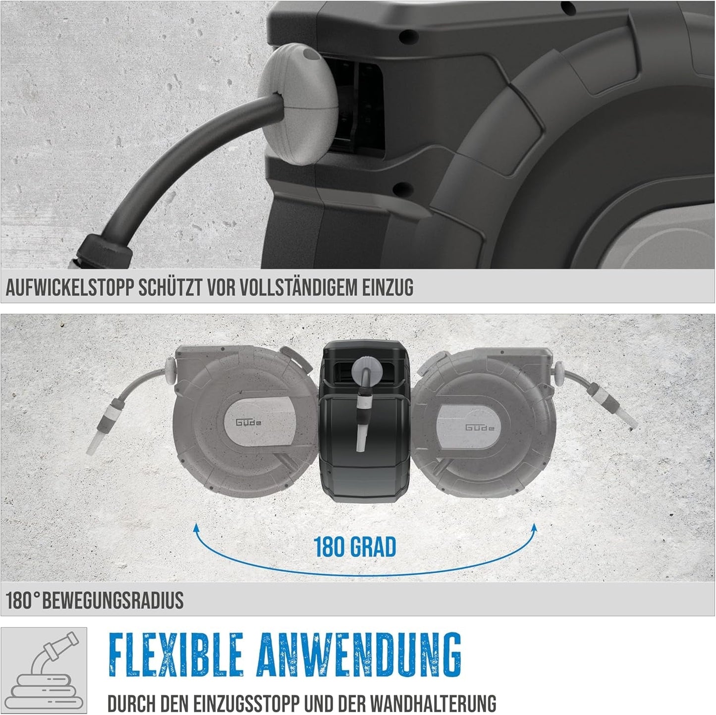 Automatisk slangetromle Güde 20-2-2 1/2 (til vægmontering, 180° rotation, 20 m slange, vandspray, vægbeslag, automatisk tilbagetrækning, tilbagetrækningsstop, transporthåndtag, 2 lynkoblinger)