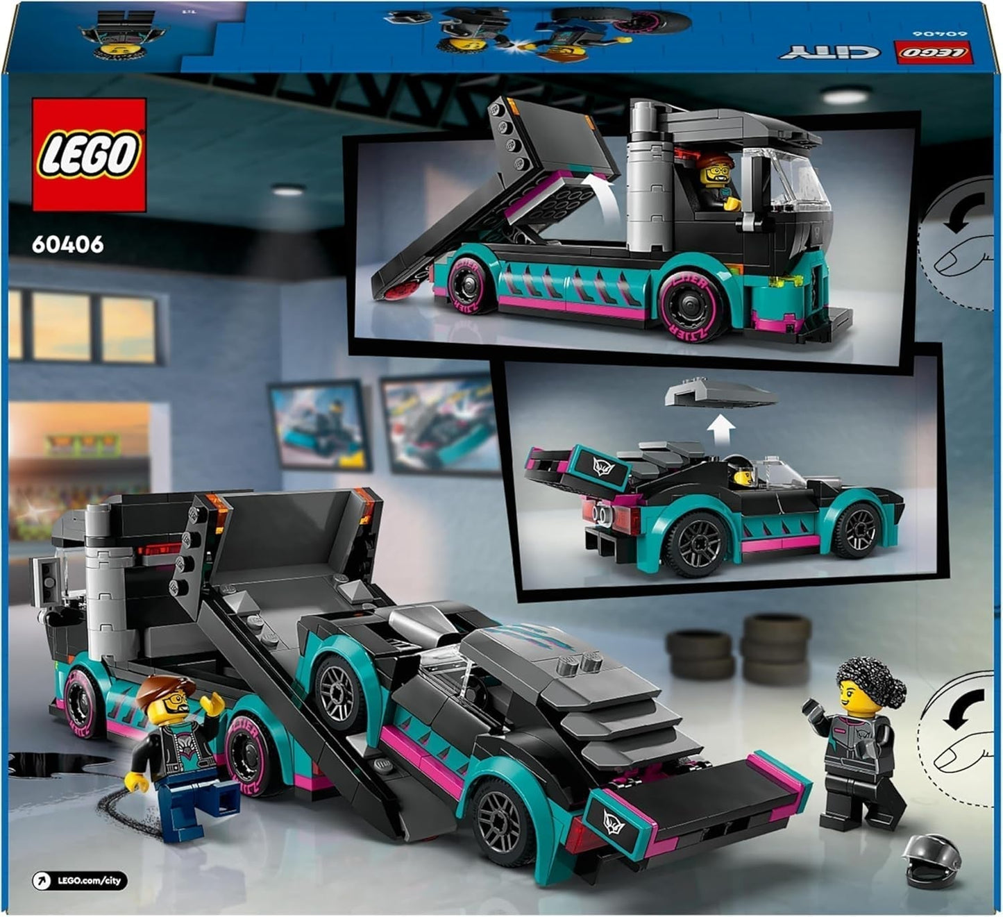 LEGO City Car Transporter med racerbil, legetøjslastbil med justerbar læsserampe og racerbil, byggesæt med 2 minifigurer, racerkører og lastbilchauffør, til børn fra 6 år 60406 Byggesæt Besuche den LEGO-Store