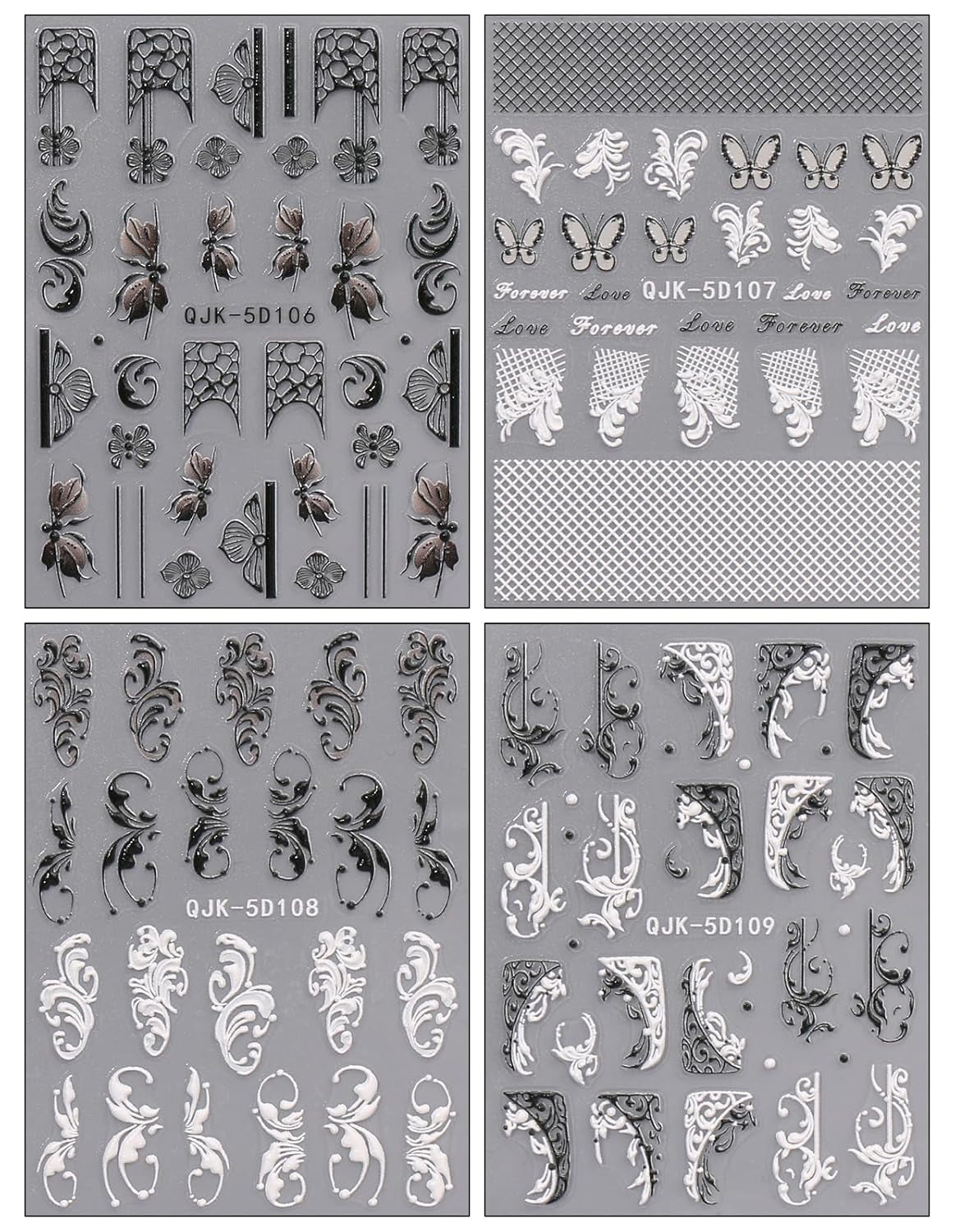 JMEOWIO 3D Nagelsticker Schwarz Weiß Blume Nail Art Sticker Selbstklebend Nagelaufkleber 5D Stereoskopisk Blumen Dekoration Nageldesign Zubehör 4 Blatt