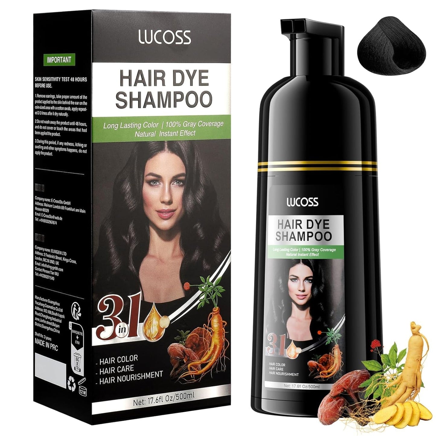 Instant Black Hair Shampoo, Natural Hair Dye Shampoo, 100 % grå dækning - nemt og hurtigt, Semi Permanent Black Hair Color, Hårfarve Shampoo til mænd og kvinder Naty Shop Black Hair Dye