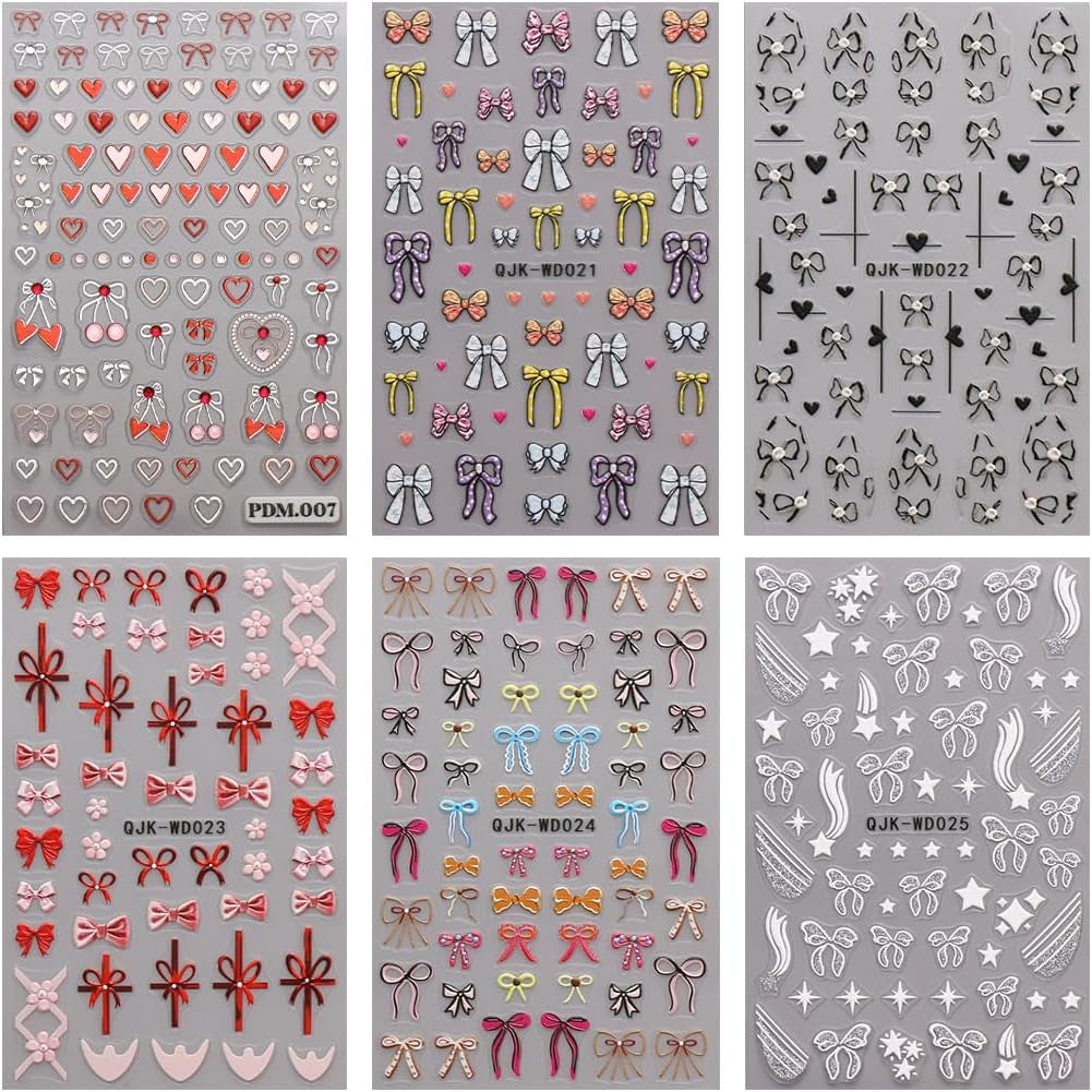 JMEOWIO Nagelsticker Bunte Herz Schleife 6 Blad Neglekunstklistermærke Selbstklebend Nagelaufkleber Dekoration Nageldesign Zubehör