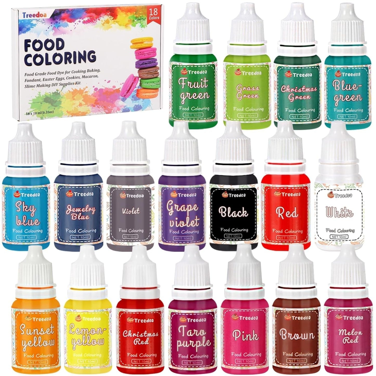 Flydende madfarvesæt, 18 farver x 10 ml, højkoncentreret madfarve til bagning af kager, småkager, macarons, kagepynt, påskeæg, fondant, dej, DIY-slim, sæber, bagetilbehør