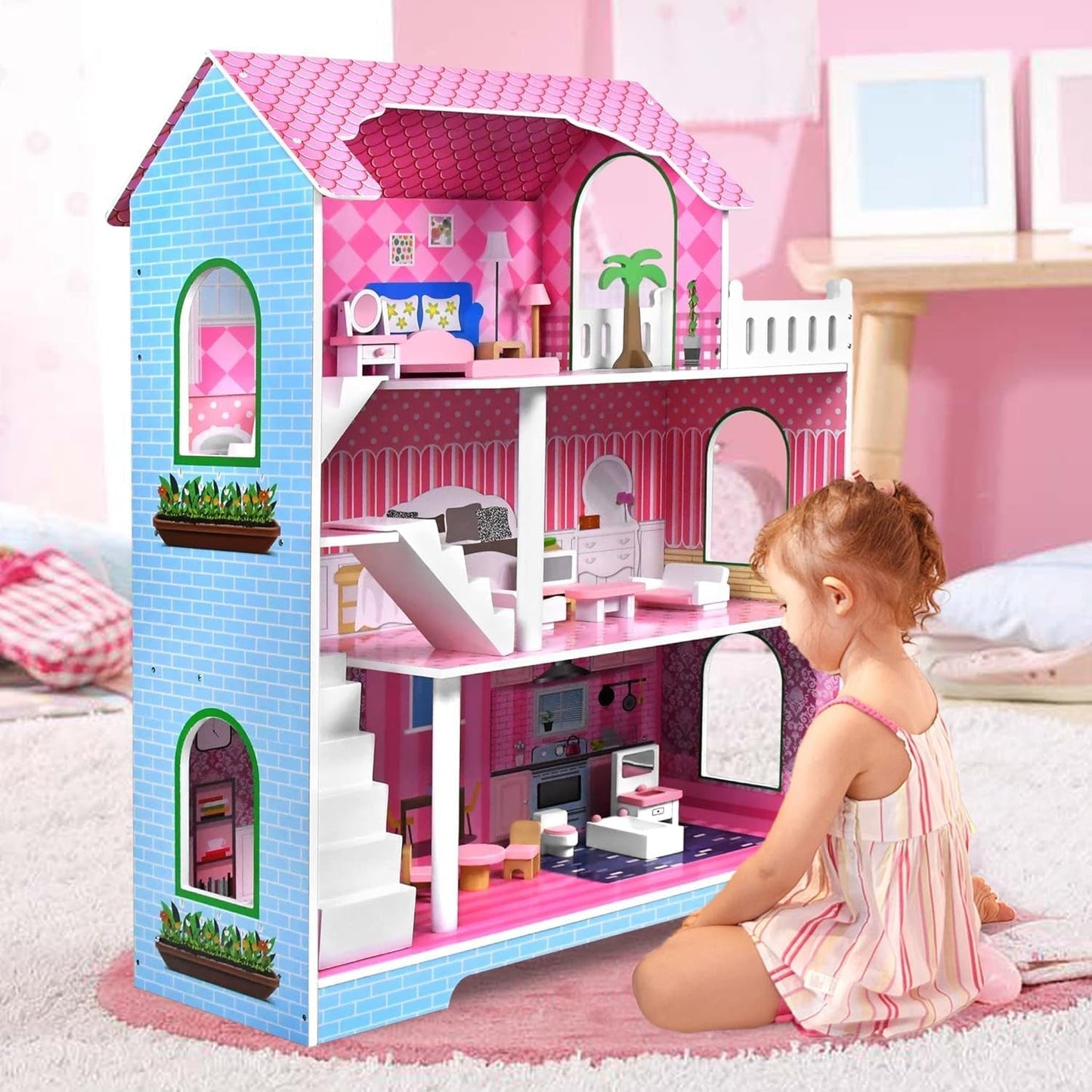 HENGMEI Puppenhaus Kinder Holz Puppenvilla Dukkehus Sæt Mädchen Spielset 3 Etagen Haus med Möbeln og tilbehør, 70x30x100cm Puppenhæuser for Kinder (Typ B)