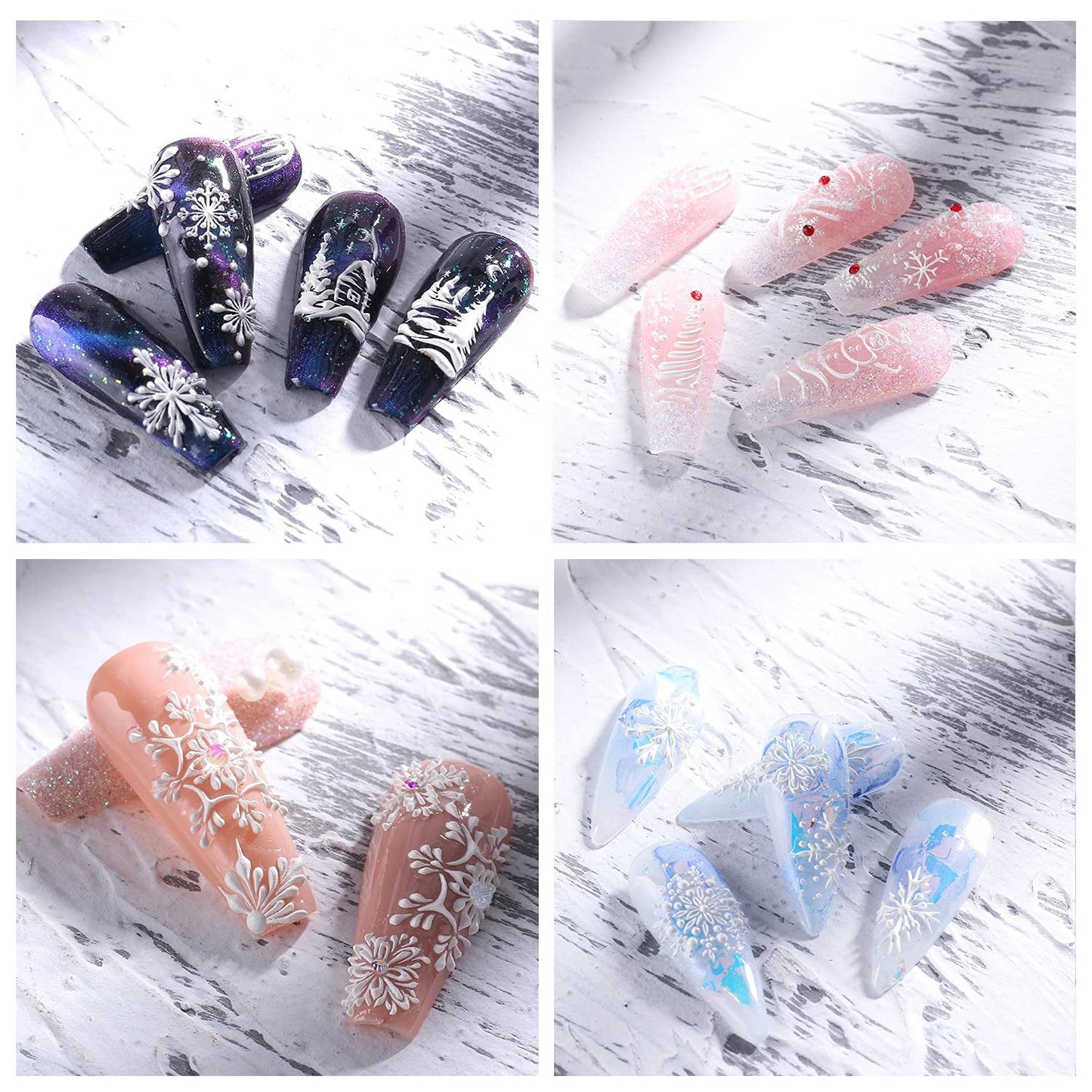 4 Blatt 3D Nagelsticker Weihnachten Nagelaufkleber Christmas 5D Stereoskopisk Selbstklebend Schneeflocke Schneemann Nail Art Sticker Dekoration Nageldesign Zubehör