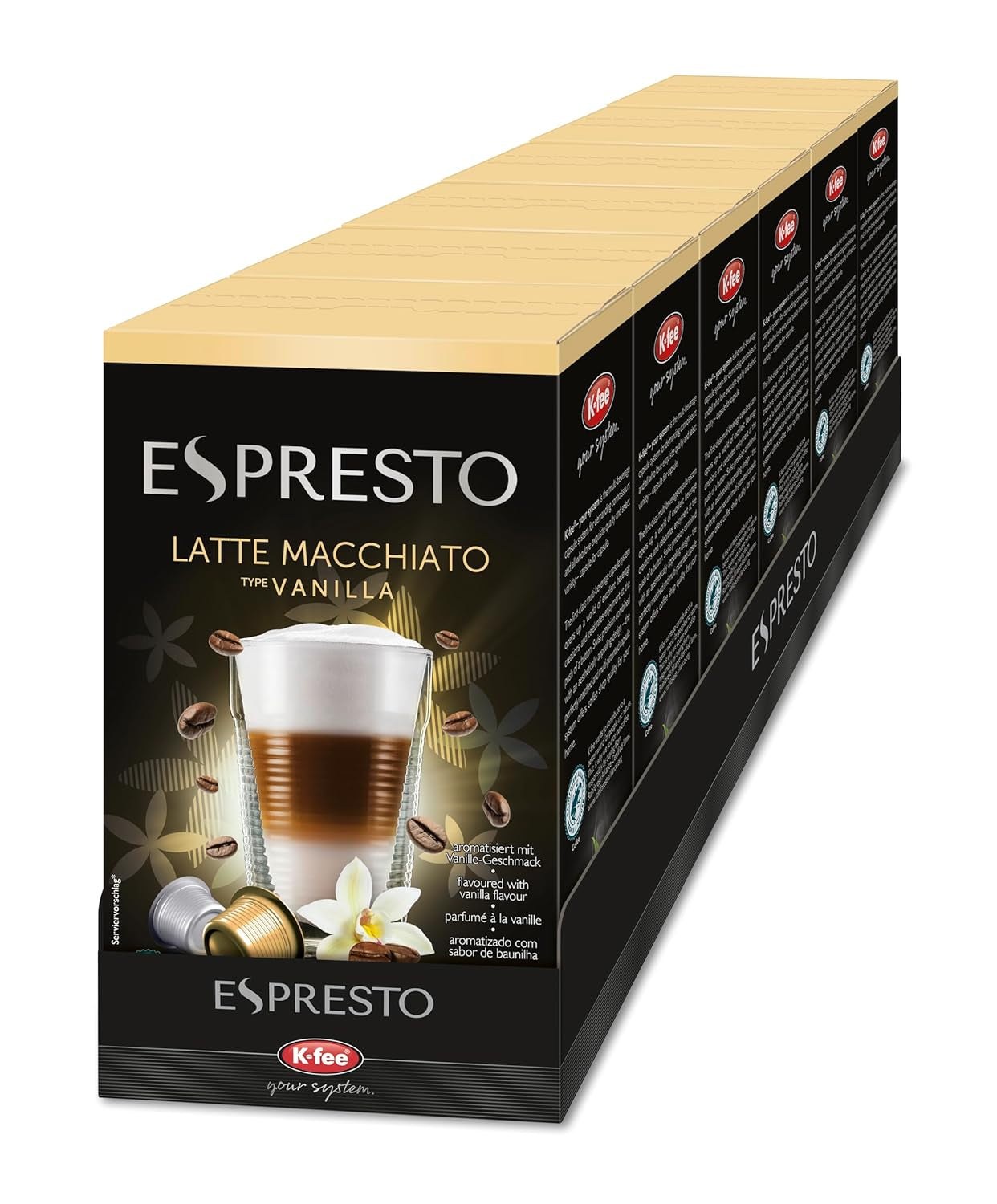 ESPRESTO Latte Macchiato Type Vanille, kompatibel med K-fee & ALDI EXPRESSI*, RFA-certificeret, sød og harmonisk, 48 ​​kaffekapsler & 48 mælkekapsler