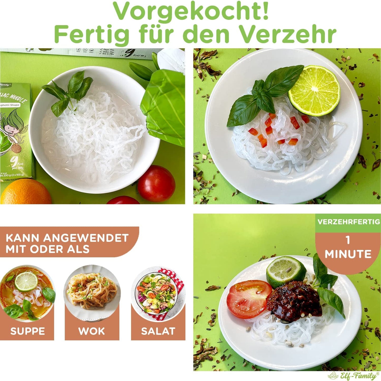 Elf-Family 6 æsker (12 stk) Økologiske konjac ultralav kulhydrat Shirataki nudler Veganske glutenfri - 1,62 kg, ingen kulhydrat/keto/lavt kalorieindhold/fedtfri/sukkerfri instant nudler - spaghetti og fettuccine