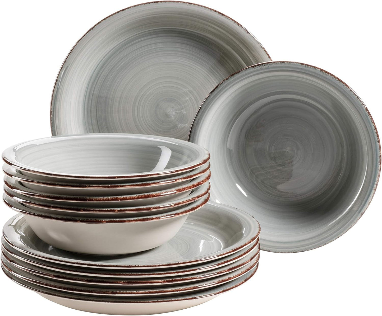 MÄSER Spisesæt til 6, moderne vintage-look, 12-delt bordservice, håndmalet, blå, flise, røgblå (Bel Tempo II)