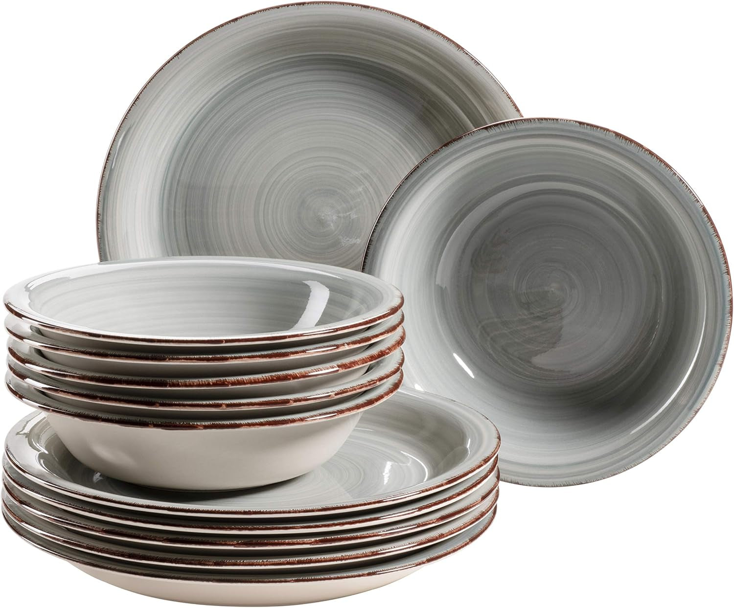 MÄSER Spisesæt til 6, moderne vintage-look, 12-delt bordservice, håndmalet, blå, flise, røgblå (Bel Tempo II)
