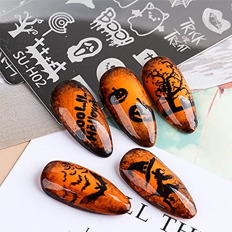 JMEOWIO Nail Stamping Stencils Halloween 6 Stück Nagelstempel Stencils Nail Art Dekoration Nageldesign Tilbehør Böse Gruselige Kürbis-Geisterhexe