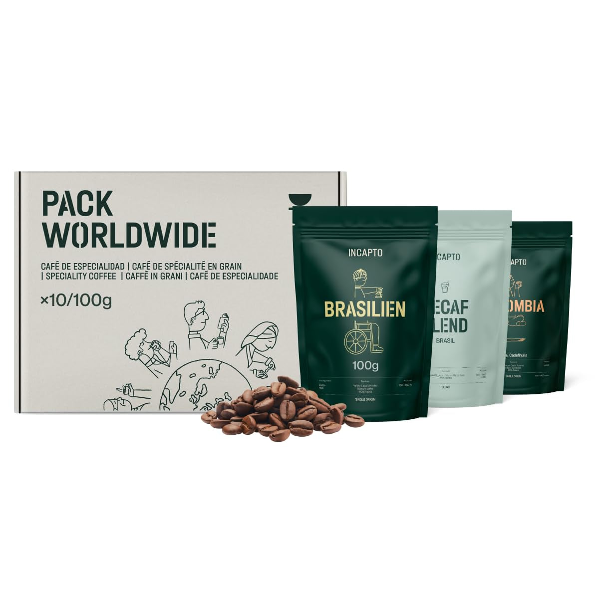 Udvalg af Incapto kaffebønner på verdensplan | Udvalg af 10 oprindelser fra hele verden | Specialkaffe | 100% Arabica | Ideel som kaffegavesæt | For kaffeelskere | 10 pakker x 100 g