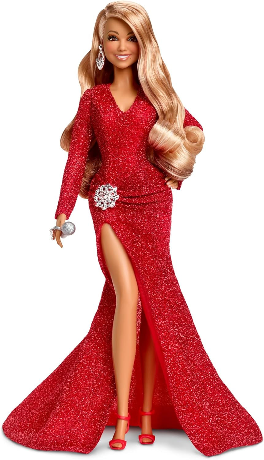 Barbie Mariah Carey - samlerdukke med glitrende rød kjole, flæser, slids, charmerende krøller, sølvtilbehør, røde høje hæle, juletradition, dekoration, HJX17