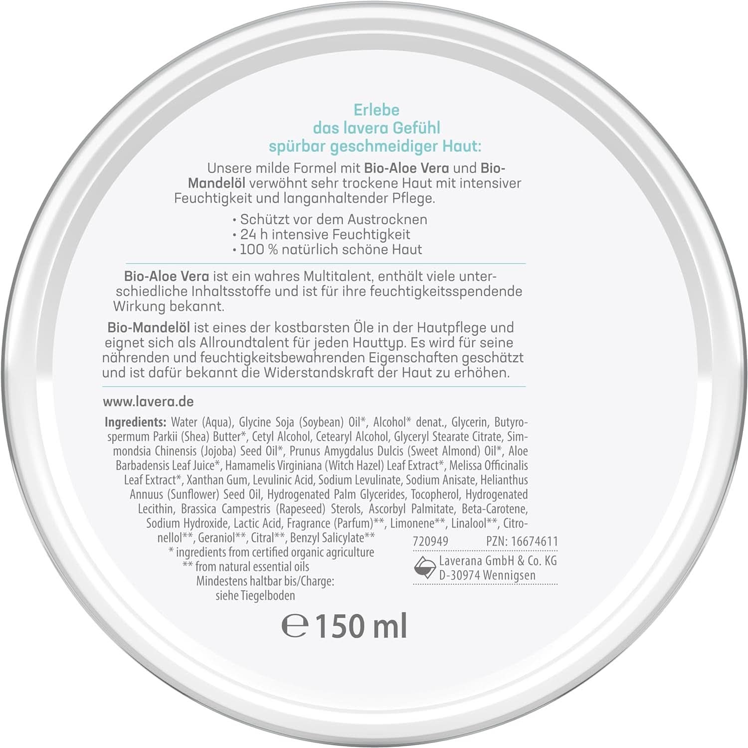 Lavera Basis Sensitiv, intensiv pleje til tør hud med Aloe Vera og mandelolie, 150 ml Naty Shop