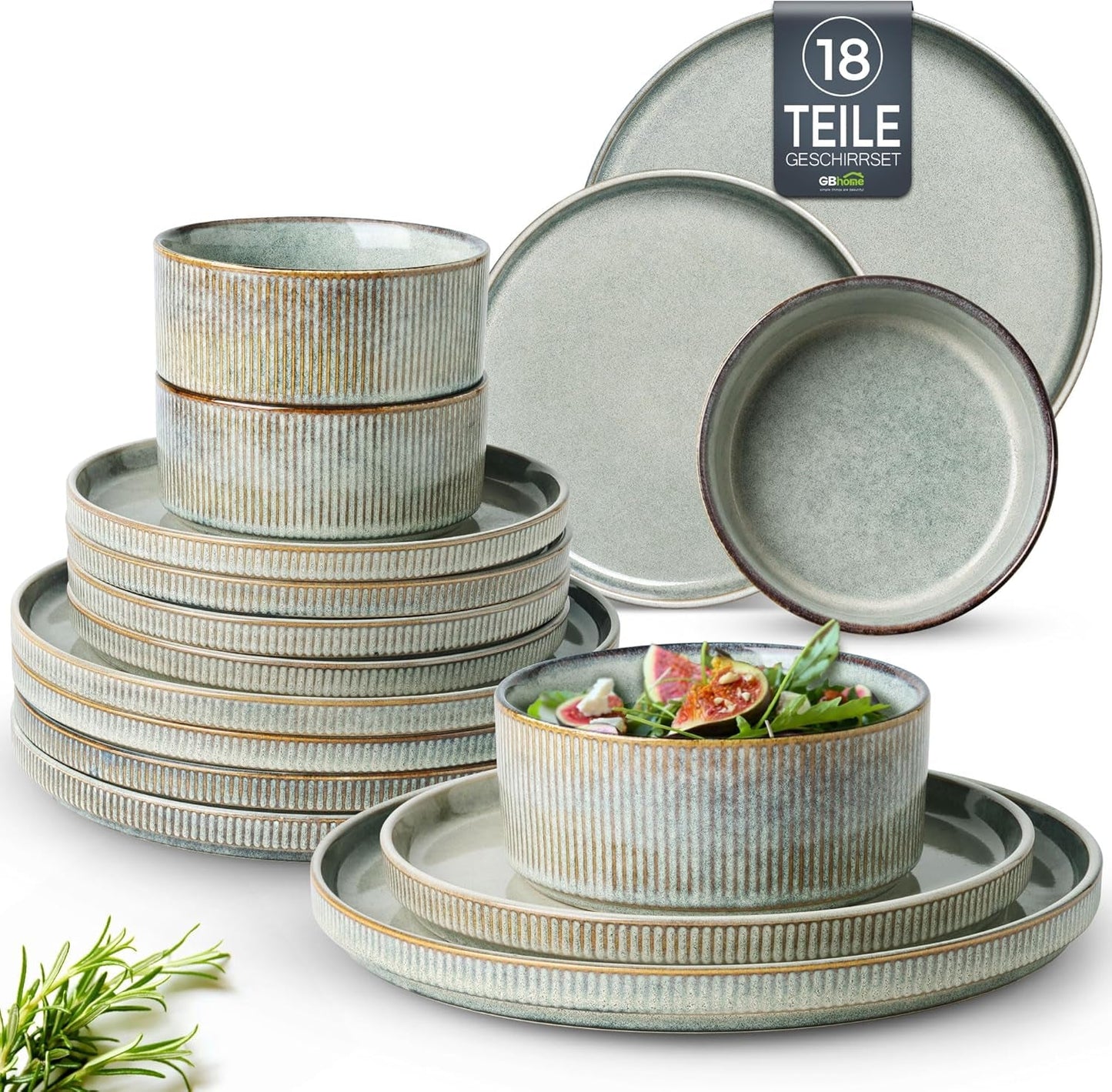 GBhome keramisk porcelænssæt til 6 personer 18 stykker Reactive Glaze Håndlavet porcelænsservicesæt Mikrobølge- og opvaskemaskine Tåler skål- og tallerkensæt