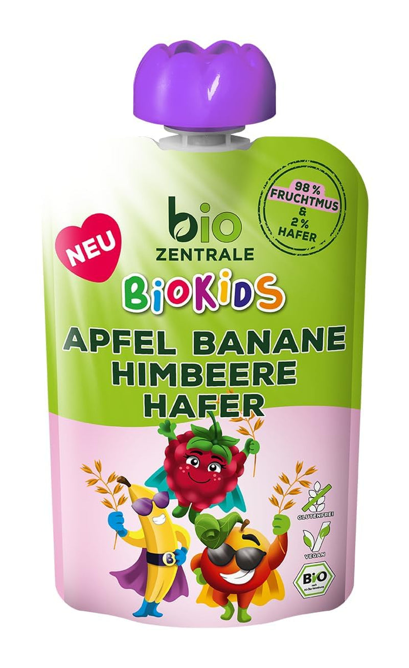 biocentral BioKids Frugtpuré Æble Banan Hindbær Havre | 12 x 90g | Frugtrig snack uden tilsat sukker | Vegansk
