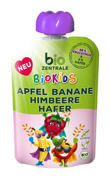biocentral BioKids Frugtpuré Æble Banan Hindbær Havre | 12 x 90g | Frugtrig snack uden tilsat sukker | Vegansk