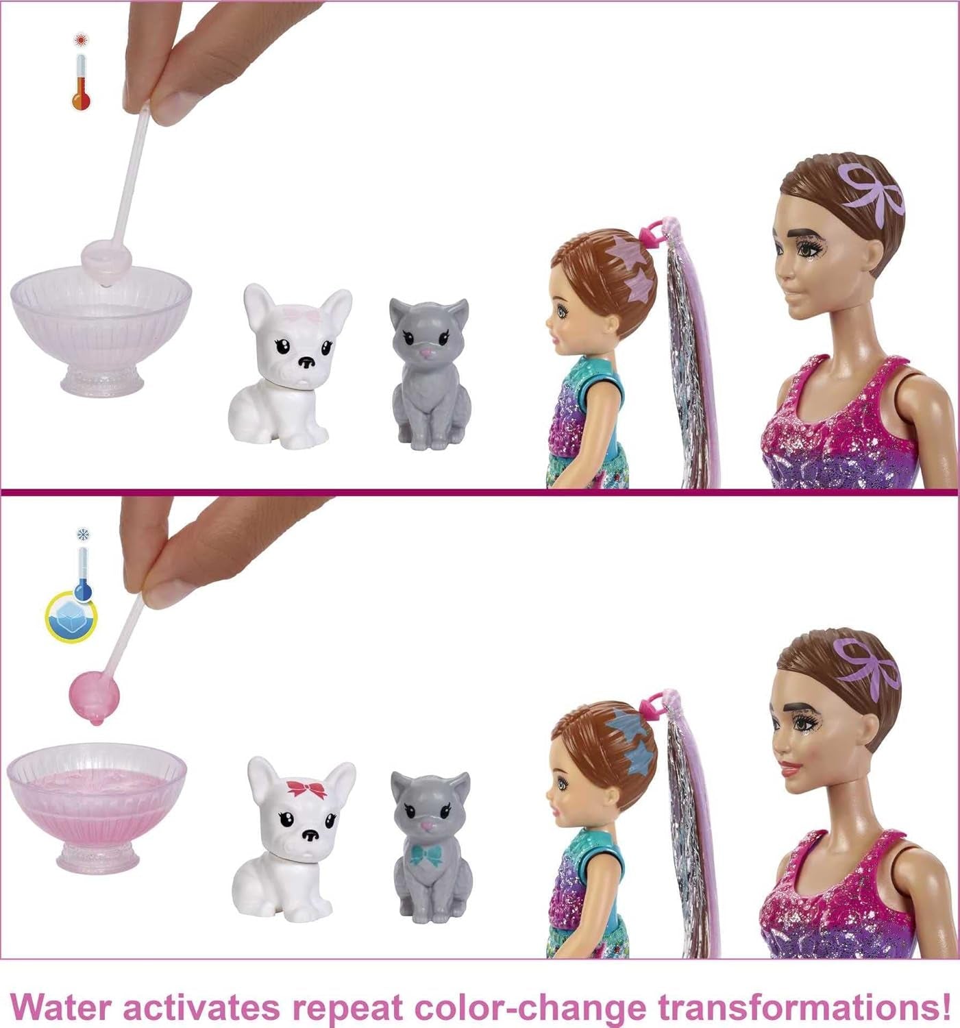 Barbie GXJ88 - Color Reveal Surprise Party, +50 overraskelser: 1 dukke, 1 Chelsea-dukke, 2 dyr, 6 farveændringer, tilbehør og mere, dansefestsæt, legetøjsgave til børn fra 3 år og opefter