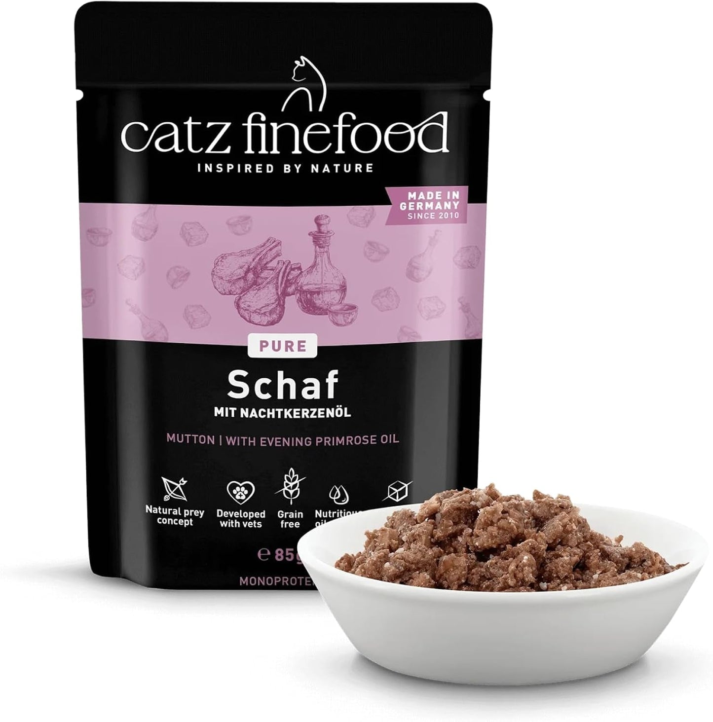 Vådfoder til katte Catz Finefood Purrrr Får Monoprotein no. 113, til katte med følsom fordøjelse, 70% kødindhold, 16 poser á 85 g hver