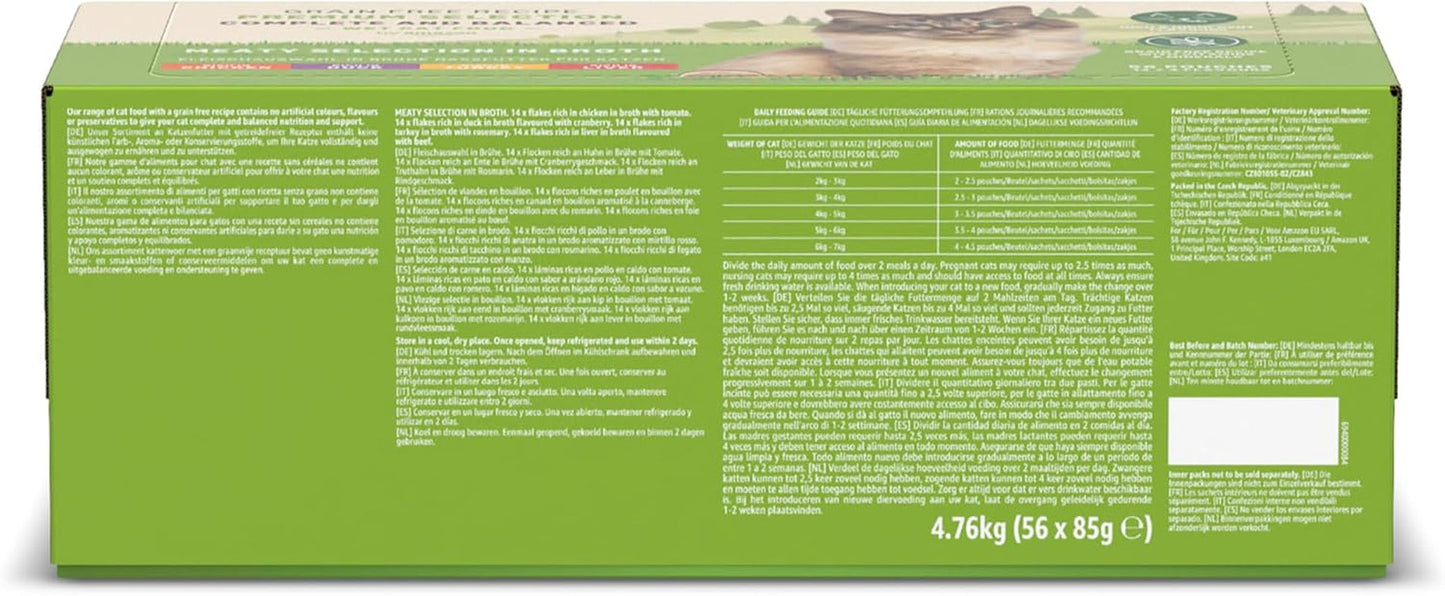 Amazon kornfri våd kattefoder til voksne katte Kødudvalg i bouillon 4,76 kg 56 pakker á 85 g (tidligere livslang)