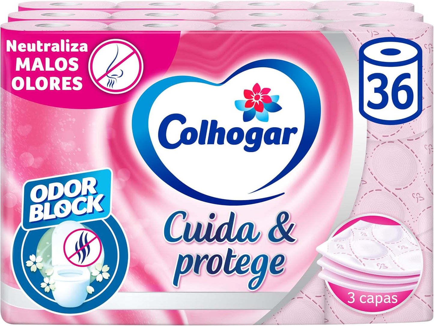 Colcasa Care & Protect 3 X 12 toiletpapir med lugtblokteknologi, neutraliserer dårlige lugte, 36-rulle pakke, 3-lags, frisk duftende lyserøde ruller