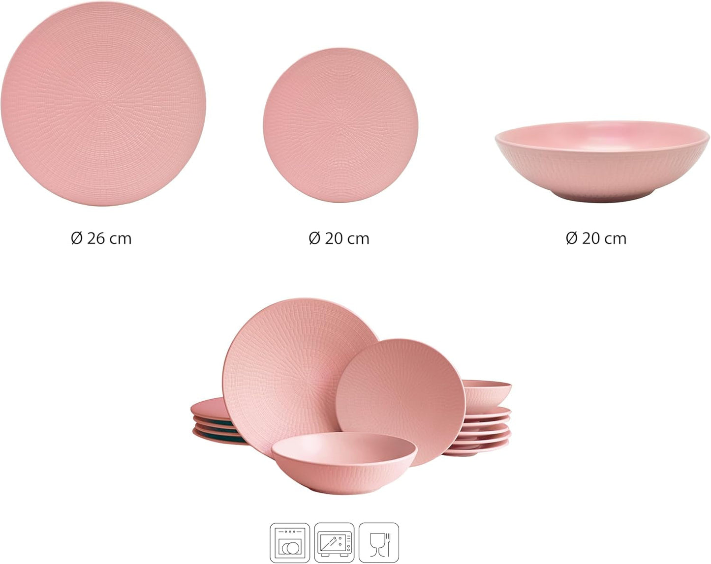ECHTWERK Vintage servisesæt 12 dele naturligt design "Blanka" 4 personers elegant tekstureret stentøjsstel med 4 middagstallerkener 4 sidetallerkener 4 middagstallerkener Pink