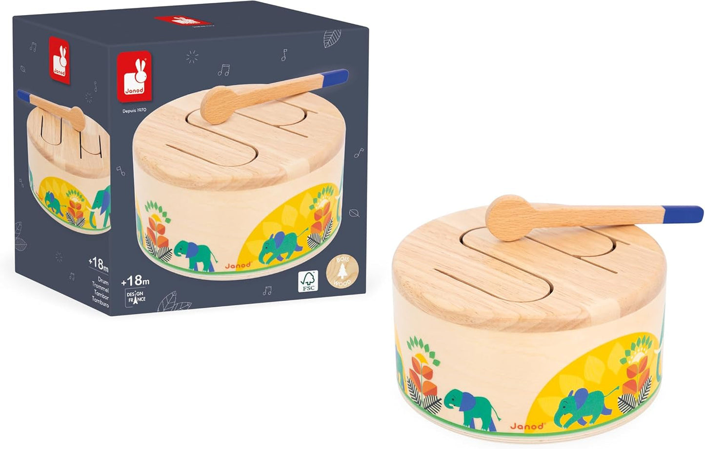 Janod - Gioia Tromme - FSC trætromme + tromme - Rollespil og tidlig musikalsk uddannelse - Akvarel - Fra 18 måneder, J07650 Bebe Toys Naty Shop