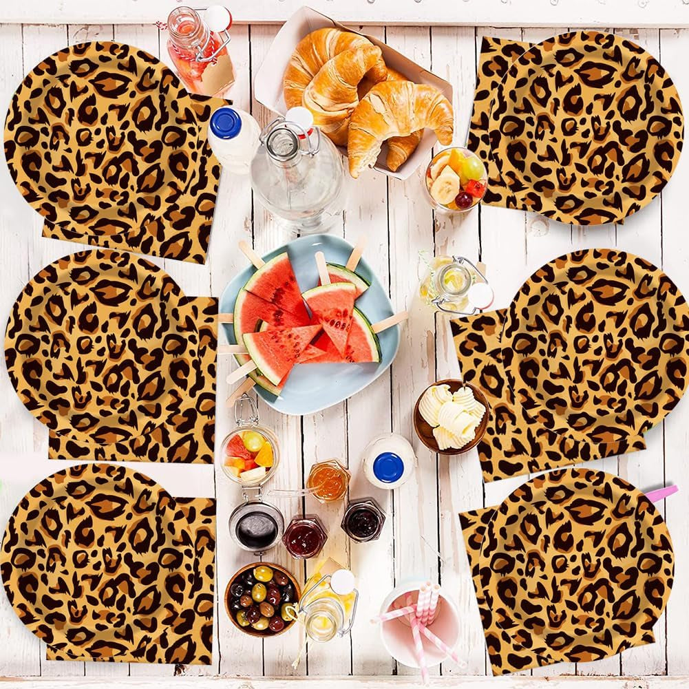 Leopardmønster Party Geschirr Kindergeburtstag Deko Geburtstag Party Geschirr Dschungel Pappteller Becher Servietten Babyparty Tischdeko Sæt
