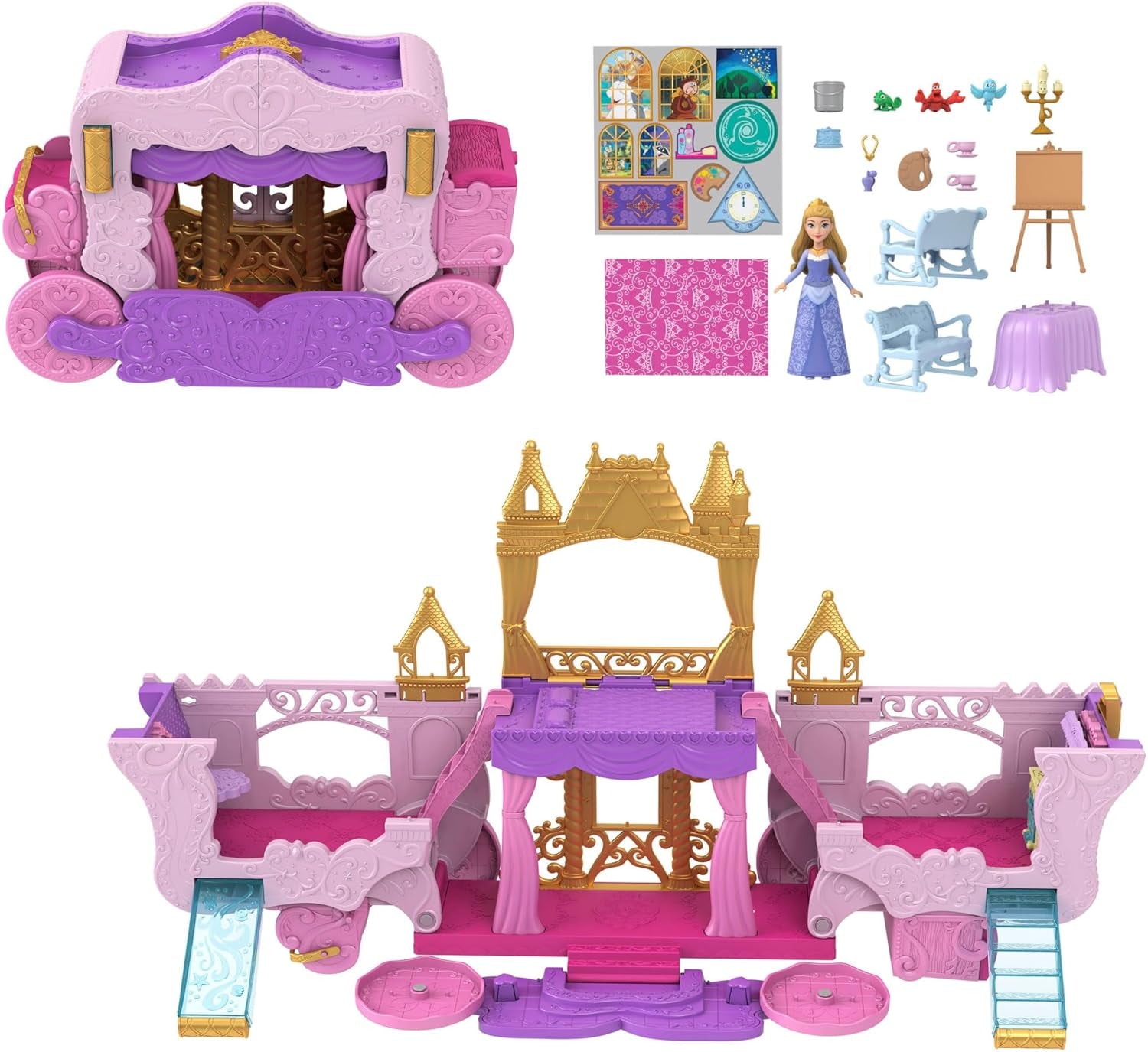 Mattel Disney Princess Transformation Legesæt Vogn til Slot med Aurora Mini Dukke, 3 niveauer, 6 legeområder, 4 figurer, møbler og tilbehør HWX17