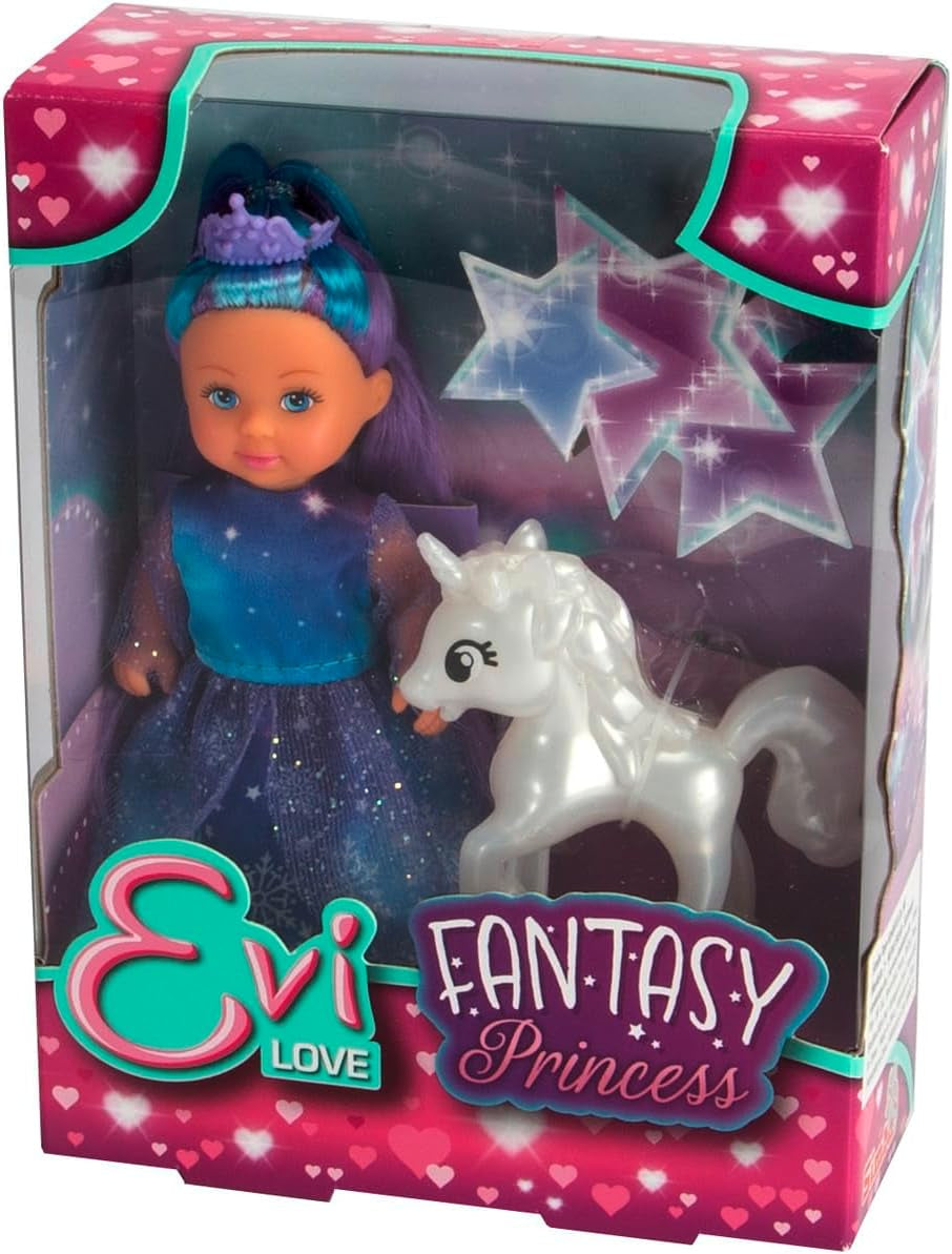 Simba Evi Prinsesse Kærlighedsfantasi, dukke i eventyrkjole med en skinnende enhjørning, 12 cm legedukke, 3+ år