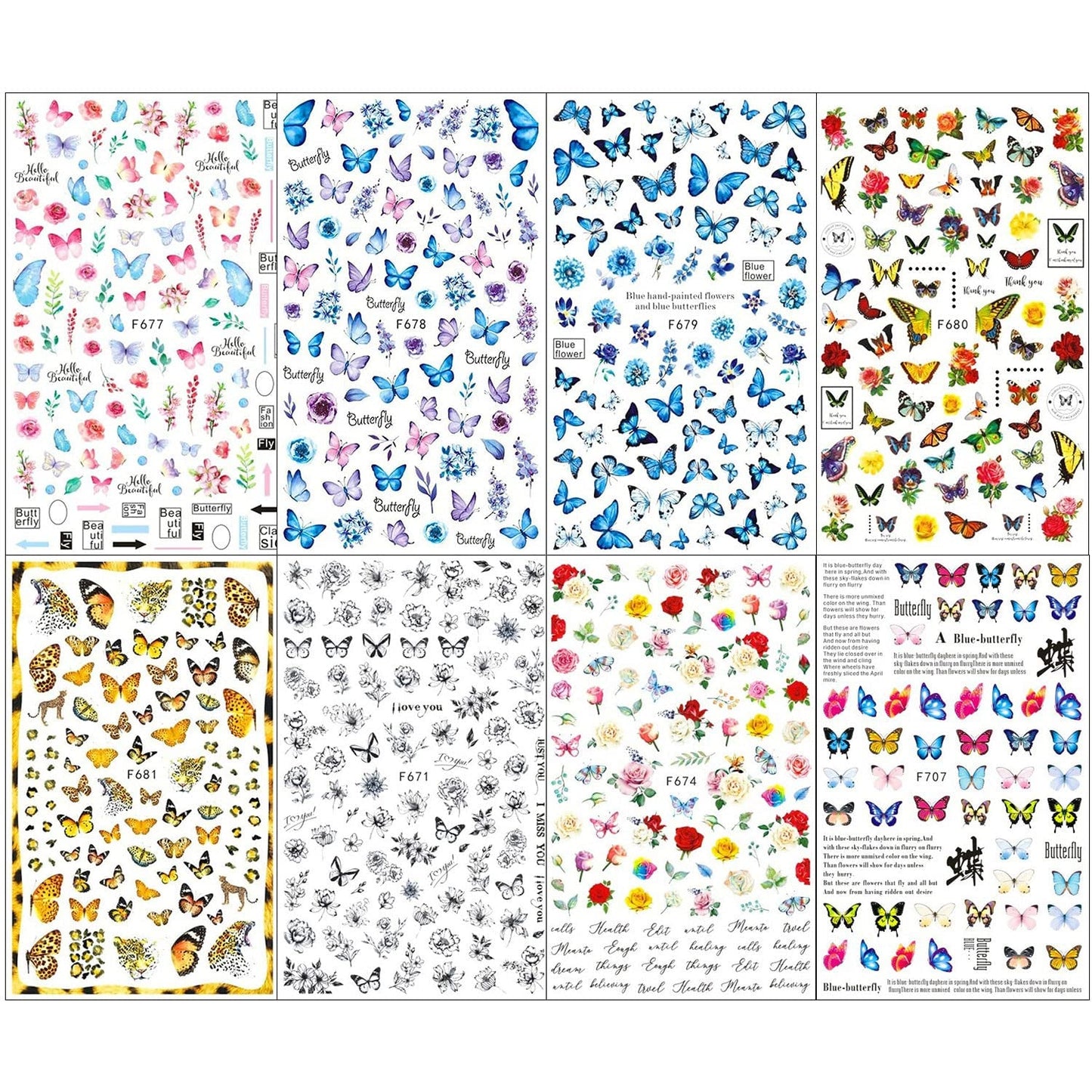 JMEOWIO Nagelsticker Schmetterling 8 Blätter Nagelaufkleber Selbstklebend Blau Schwarz Gold Schmetterling Nail Art Dekoration Nagel Design Tilbehør