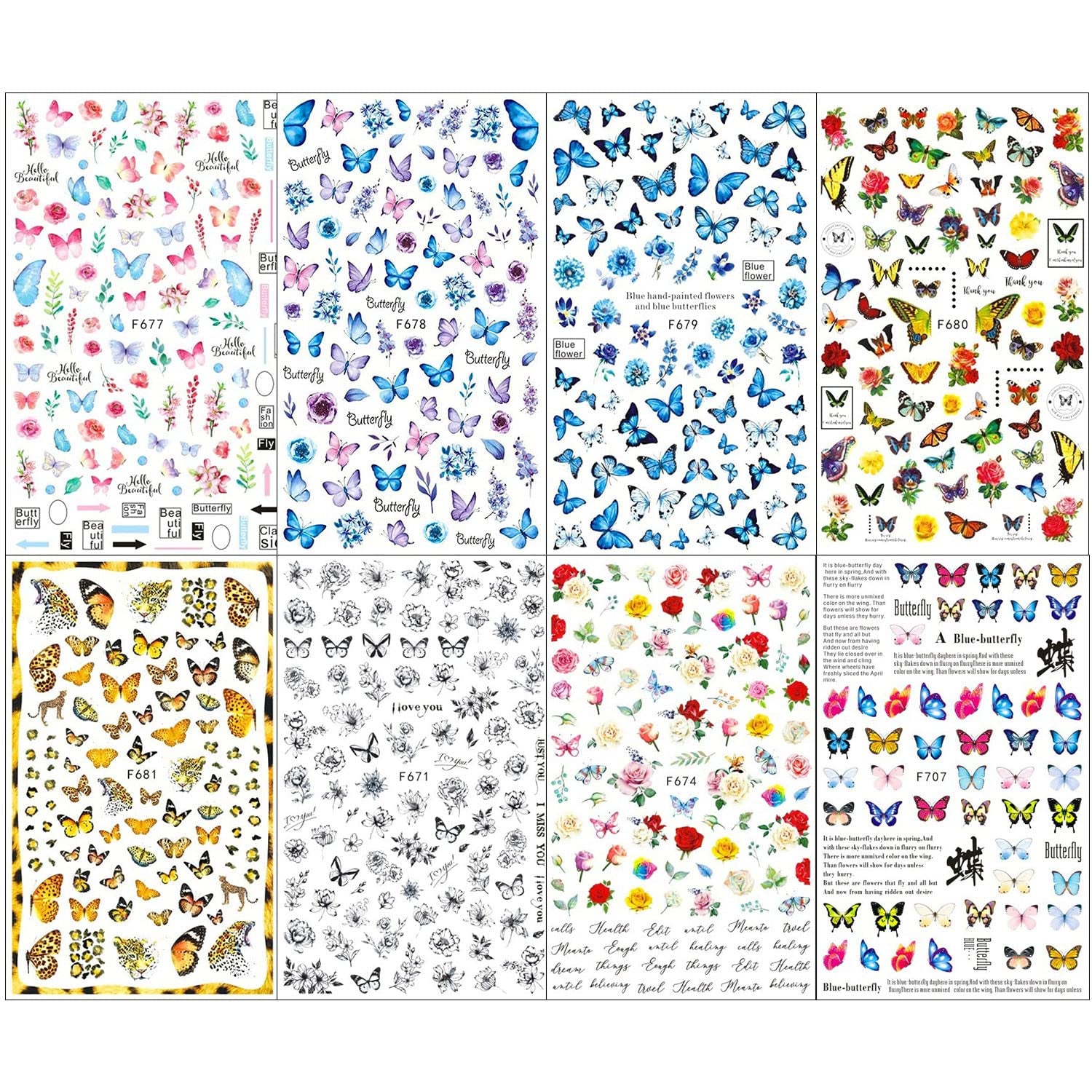 JMEOWIO Nagelsticker Schmetterling 8 Blätter Nagelaufkleber Selbstklebend Blau Schwarz Gold Schmetterling Nail Art Dekoration Nagel Design Tilbehør
