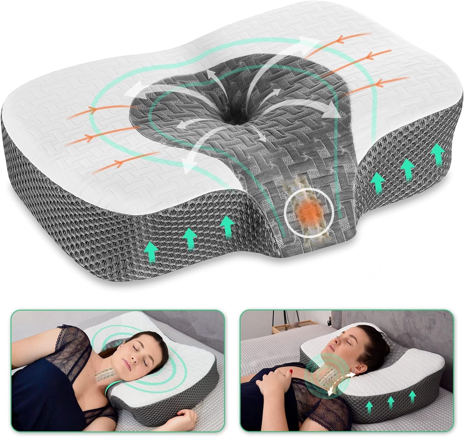 Elviros Memory Foam Ortopædisk Pude, Nakkesmertepude, Sovepude, Ergonomisk Nakkepude, Nakkestøttepude, Antisnorkepude til sidesovere, Mavesovere, Hvide cervikale ortopædiske puder Naty Shop Hvid 60 X 38,6 X 9,9/13,5 Cm