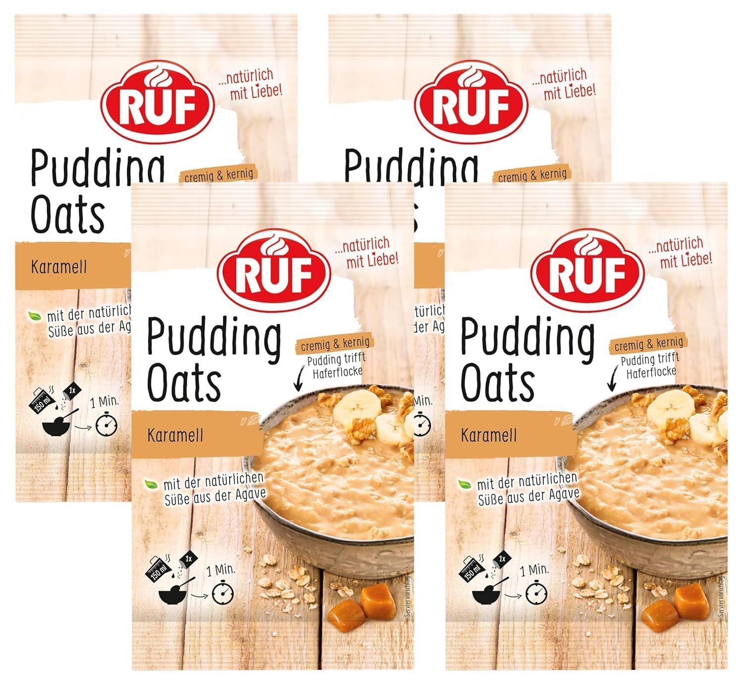 Caramel Oat Pudding, en harmonisk blanding af karamelbudding og fuldkornshave, sukkerfri, sødet med agavesirup, 1 pose x 64 g (4 pakke)