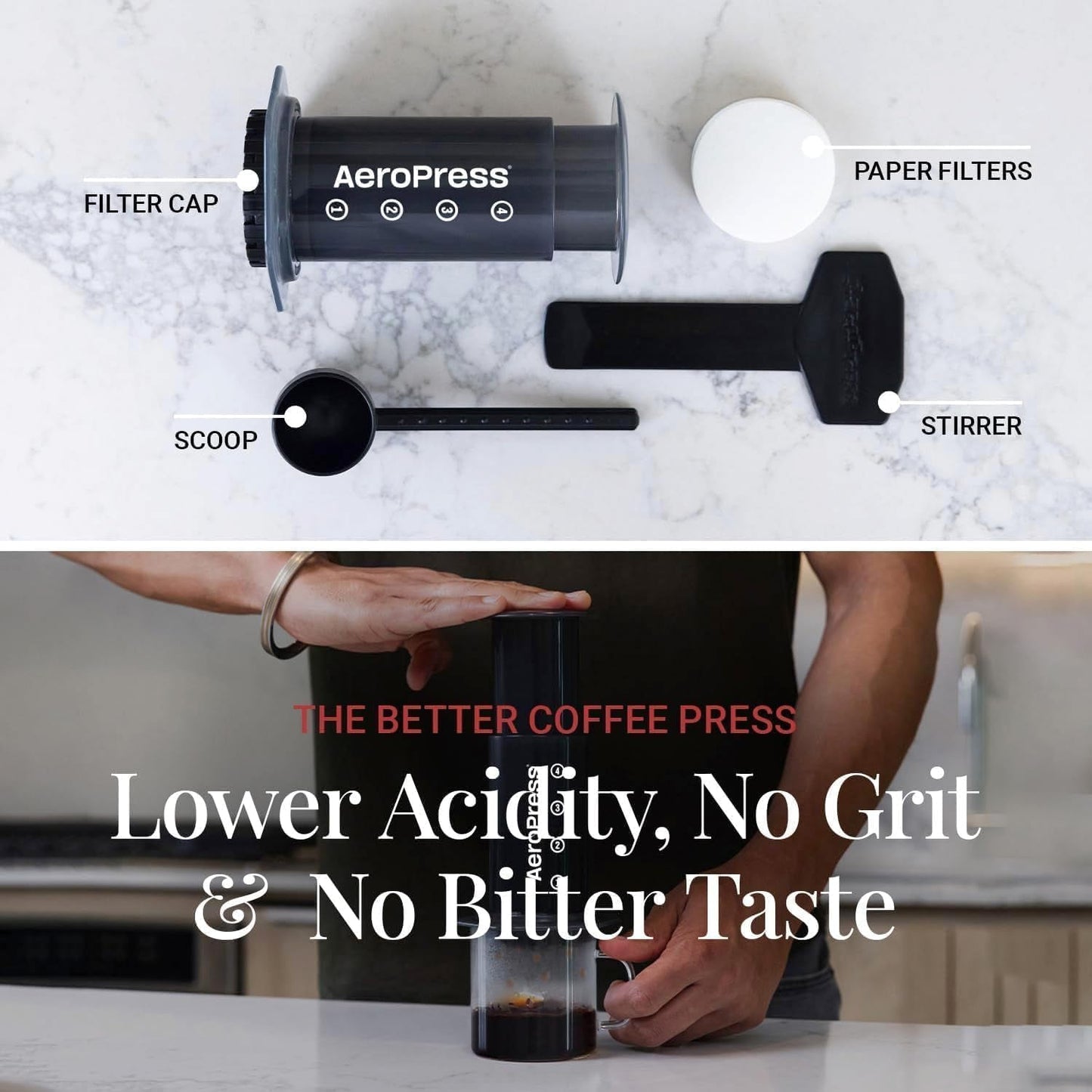 AeroPress original kaffe- og espressomaskine, bærbar barista-kaffemaskine med kammer, stempel og filtre, hurtig kaffe- og espressomaskine