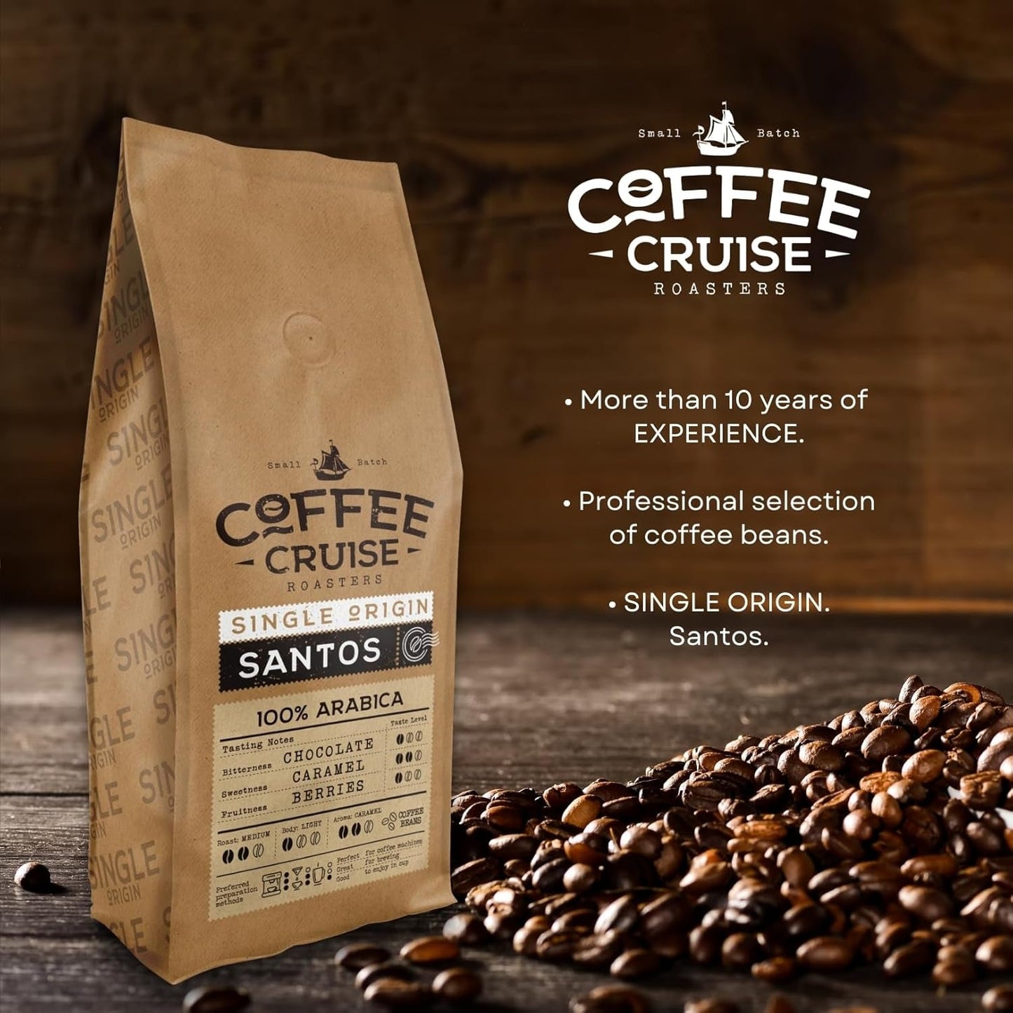 COFFEE CRUISE Santos Kaffeebohnen 1kg - Mittlere Röstung - Aroma Caramel - Für All Kaffeemaschinen - 100% arabisk