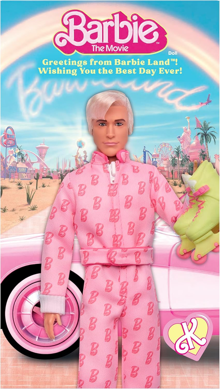 Barbie The Movie - Ken-Sammelpuppe, Ryan Gosling som Ken i rosafarbenem Overall mit "B"-Aufdruck, hvid sneakern og bunten Inlineskates, JCP80